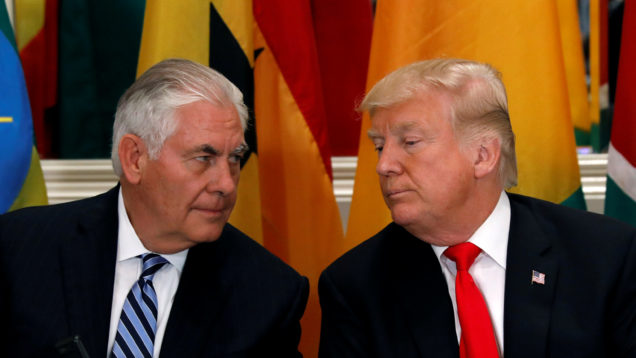 FILE PHOTO: U.S. President Donald Trump and Secretary of State Rex Tillerson confer during a working lunch in New York
