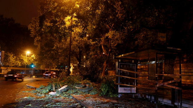Branches of trees are seen on a street at Benfica neigborhood as hurricane Leslie goes past in Lisbon