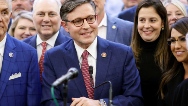 Republican U.S. House Speaker nominee Rep. Johnson speaks to reporters on Capitol Hill in Washington