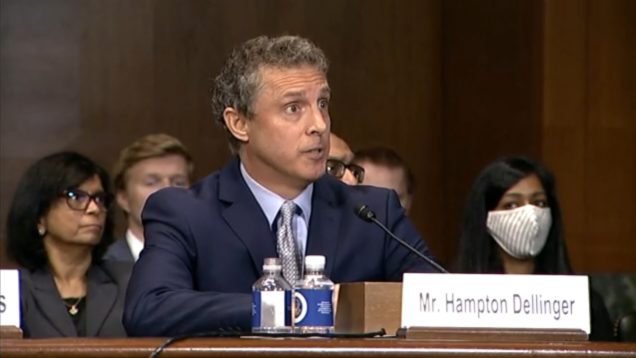 Hampton Dellinger, nominated to serve as the assistant attorney general for the U.S. Justice Department’s Office of Legal Policy, appears before a U.S. Senate Judiciary Committee hearing in Washington, D.C., on July 28, 2021. U.S. Senate/Handout via Reuter