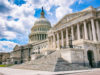 Bright mid-day view of the traditional neoclassical architecture of the Capitol Building’s dome, columns, and steps in Washington DC, USA