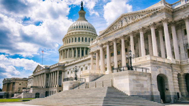 Bright mid-day view of the traditional neoclassical architecture of the Capitol Building’s dome, columns, and steps in Washington DC, USA
