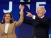 President Joe Biden speaks and Vice President Kamala Harris during the first day of the Democratic National Convention at the